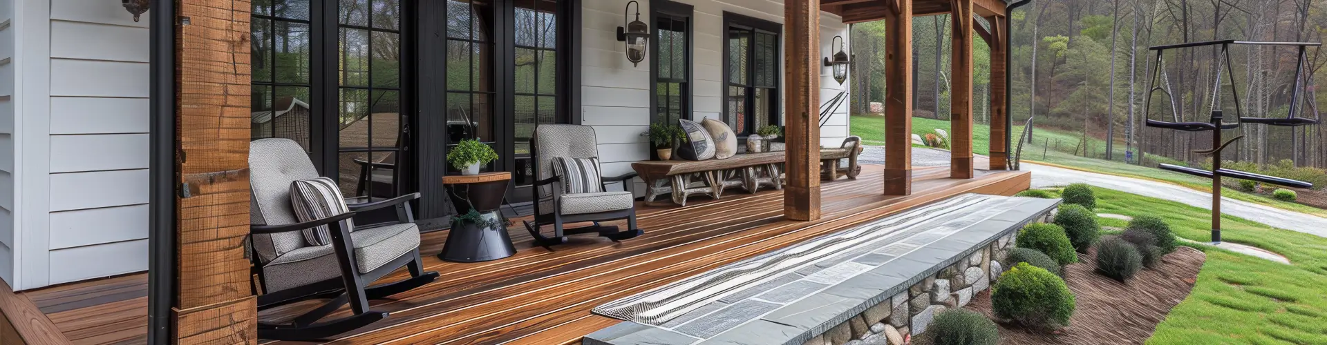 Construction tools on-site show Greenleaf Building Group prepping for porch or deck work.